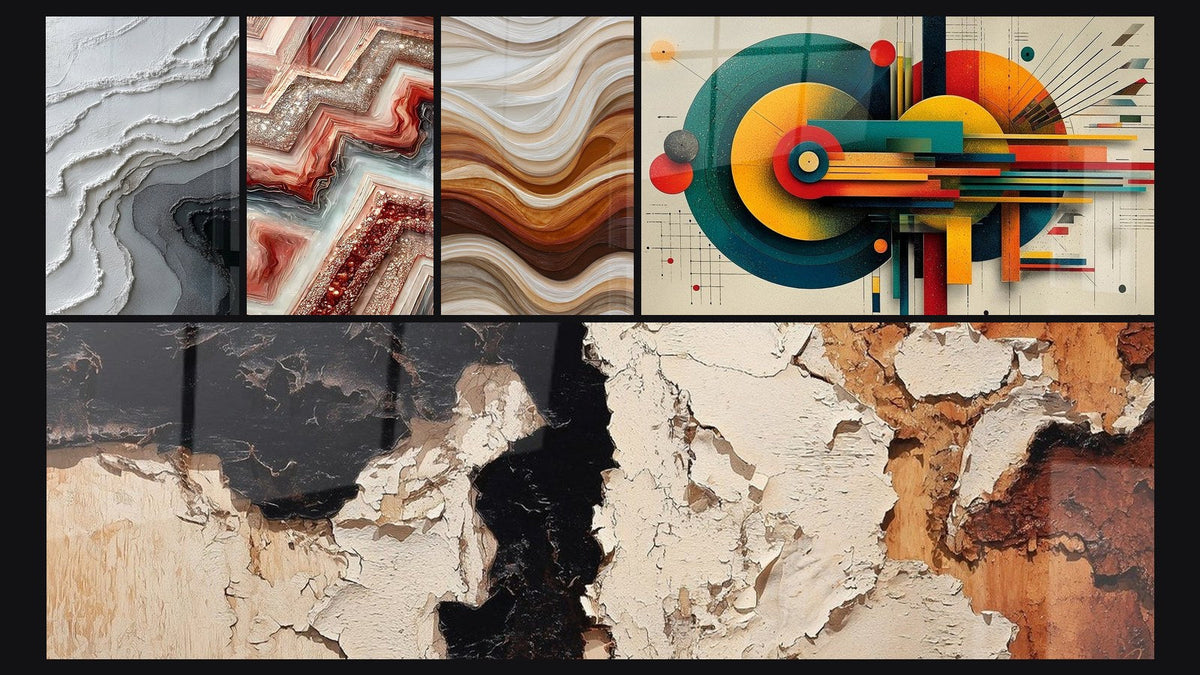 Mosaïque de cinq tableaux, dont Fusion Géométrique, Ondulations Fluides Terre et Cuivre et Géométrique Énergie Concentrique