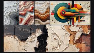 Mosaico de cinco cuadros, entre ellos Fusión Geométrica, Ondas Fluidas Tierra y Cobre y Geométrico Energía Céntrica