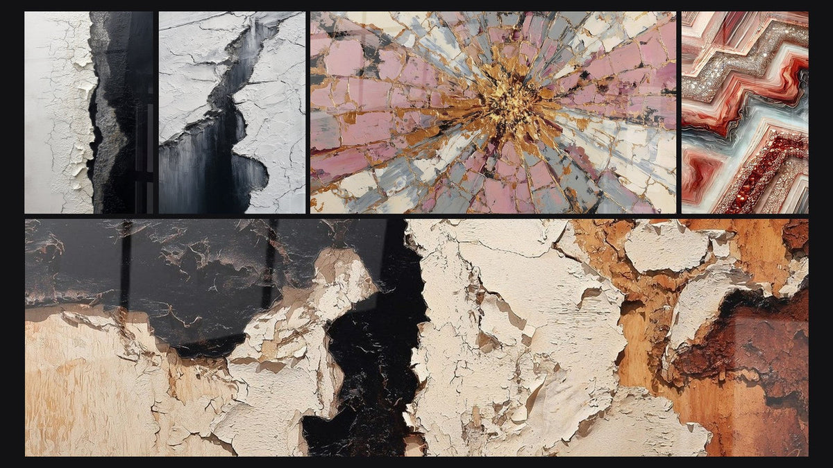 Mosaico de cinco cuadros, entre ellos Textura Agrietada Blanco y Negro y Grieta Glaciar Gris y Negro