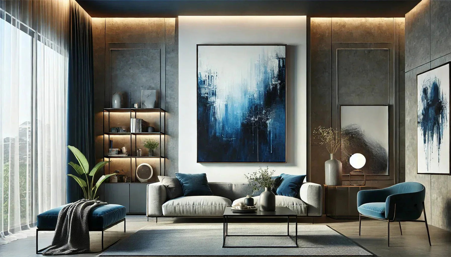 Tableau abstrait bleu encadré dans un cadre décoration abstrait bleu, mettant en valeur ses nuances de bleu et son effet visuel captivant dans un intérieur au design moderne.