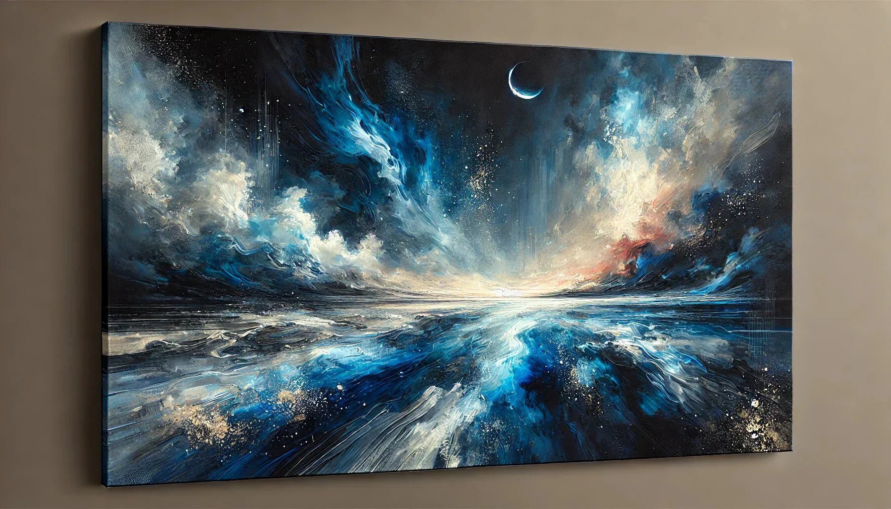 Illustration d’une œuvre d’art abstraite bleue en grand format, mettant en valeur des nuances de bleu céleste et océanique, avec un jeu de lumière et reflets artistiques, parfaite pour une décoration murale abstraite moderne et élégante.