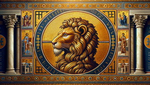 Détail de mosaïque byzantine représentant un lion doré symbole christique, technique de tesselles, style iconographique sacré médiéval