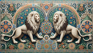Paire symétrique de lions de chasse ottomans sur panneau décoratif avec motifs géométriques islamiques, style Empire ottoman 16e-17e siècle