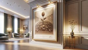 Lithographie signée encadrée avec numérotation d'édition dans une salle de réception élégante au décor raffiné