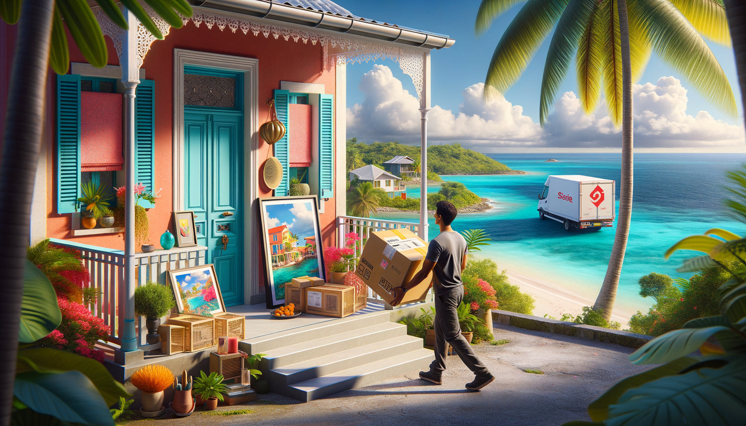 Livraison de colis décoration devant une maison créole colorée avec palmiers et océan turquoise en arrière-plan tropical