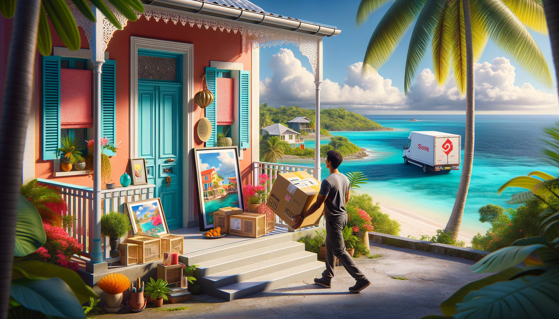 Livraison de colis décoration devant une maison créole colorée avec palmiers et océan turquoise en arrière-plan tropical