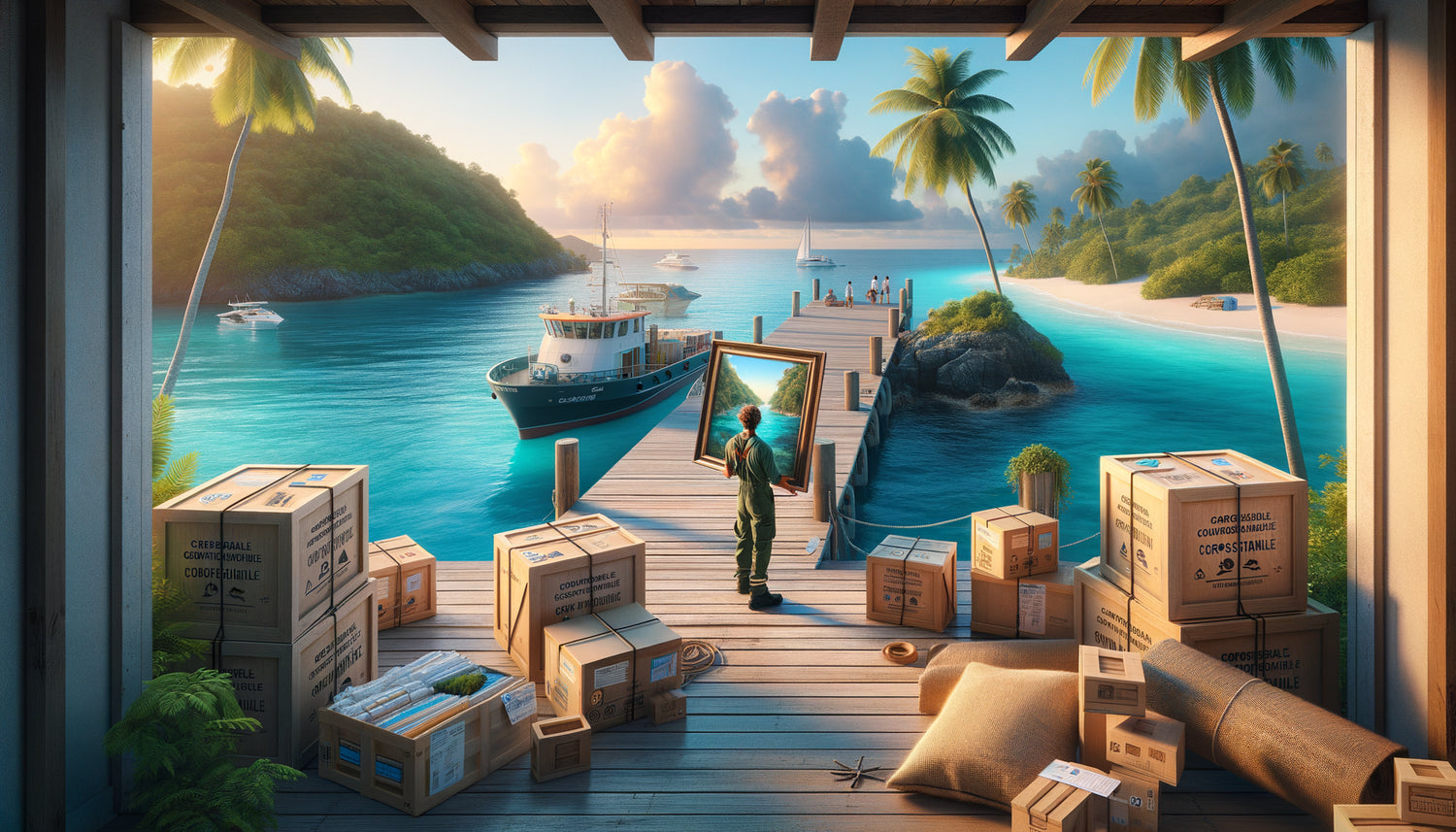 Déballage éco-responsable d'un tableau avec emballages biosourcés compostables sur quai d'île tropicale DOM-TOM