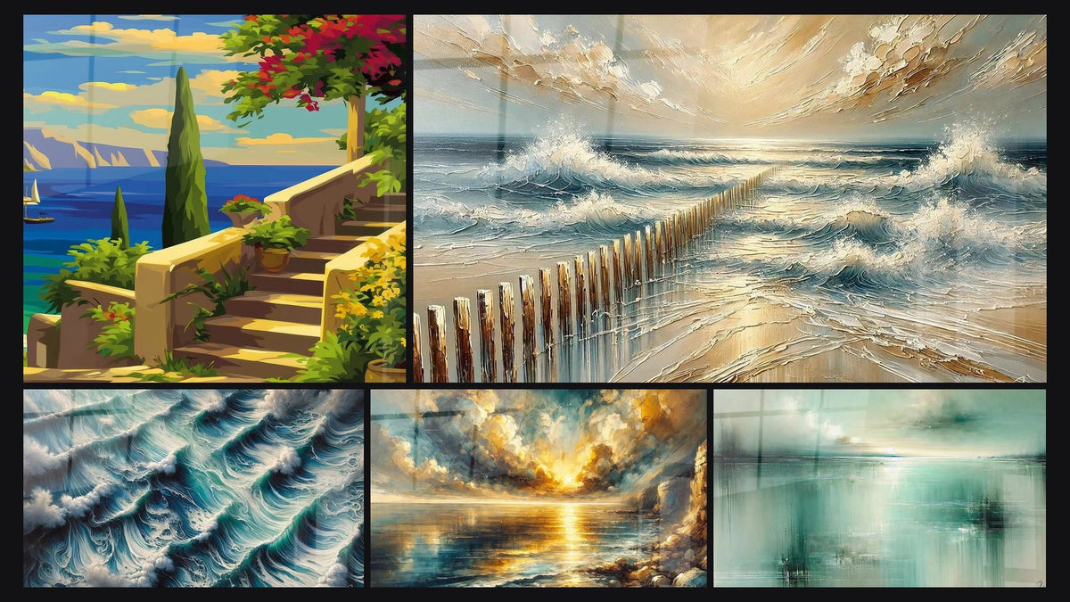 Mosaico di cinque quadri, tra cui Da terrazza mediterranea, Marea d'Oro e Sussurri Abissali