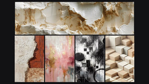 Mozaïek van vijf schilderijen, waaronder Fragmenten van Absoluut en Minimalistisch Gesculpteerd