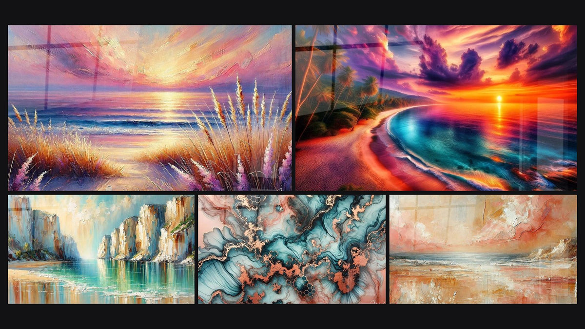 Mosaïque de cinq tableaux, dont Beauté du Soir, Plage des Rêves et Crépuscule Flamboyant en Bord de Mer