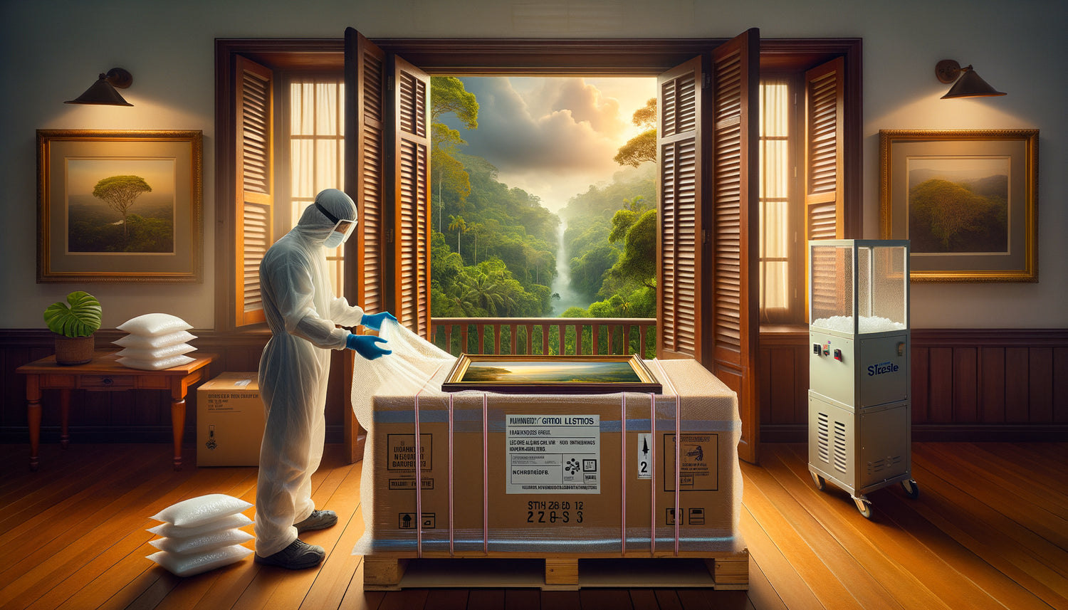 Déballage professionnel d'une œuvre d'art avec protection climatique spécialisée en environnement tropical guyanais
