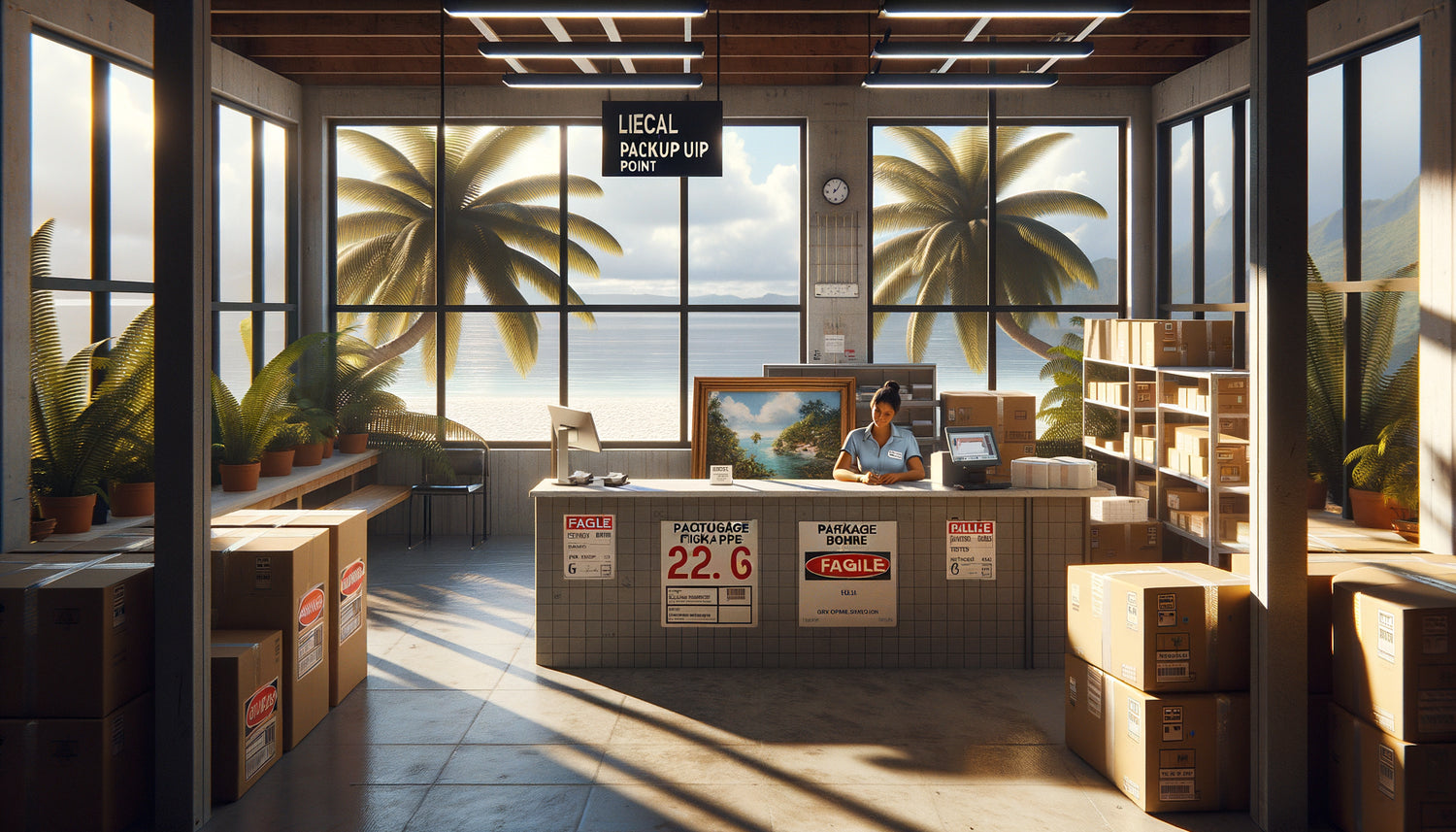 Point relais outre-mer avec tableau emballé prêt à être récupéré, ambiance tropicale contemporaine