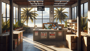 Point relais outre-mer avec tableau emballé prêt à être récupéré, ambiance tropicale contemporaine