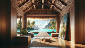 Intérieur polynésien contemporain à Tahiti avec tableau d'art encadré, vue sur lagon turquoise et palmiers