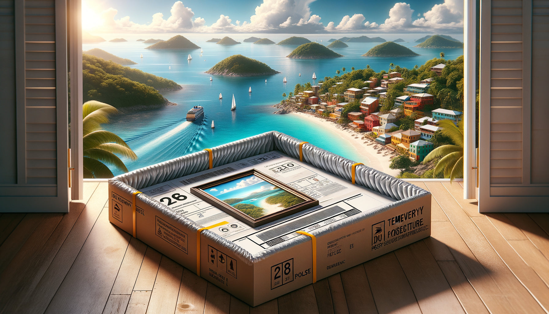 Colis sécurisé contenant un tableau avec emballage climatisé, sur fond de paysage tropical des DOM-TOM français