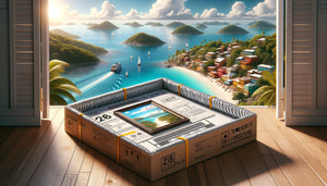 Colis sécurisé contenant un tableau avec emballage climatisé, sur fond de paysage tropical des DOM-TOM français