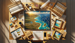 Planification logistique d'expédition de tableaux vers les DOM-TOM avec carte maritime et échantillons d'œuvres emballées