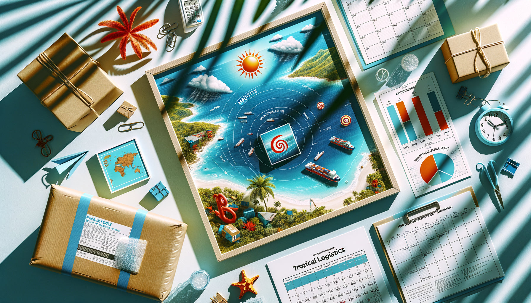 Planification logistique de livraison de tableaux vers Mayotte et Saint-Martin avec calendrier des saisons cycloniques