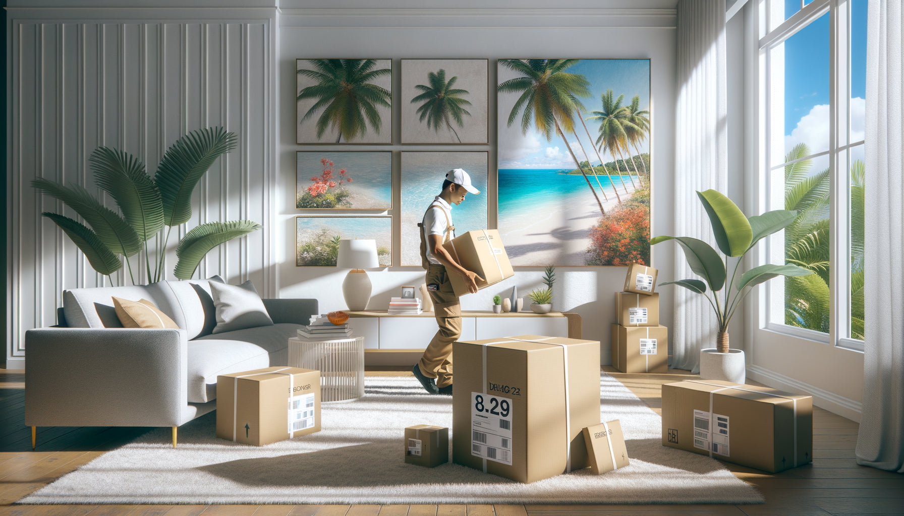 Livraison de tableaux muraux décoratifs dans un intérieur tropical des DOM-TOM avec vue sur l'océan