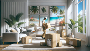 Livraison de tableaux muraux décoratifs dans un intérieur tropical des DOM-TOM avec vue sur l'océan