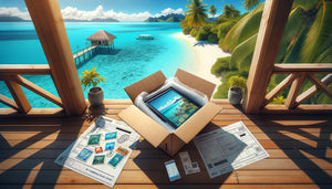 Colis de tableaux muraux livré sur une terrasse tropicale avec lagon du Pacifique en arrière-plan