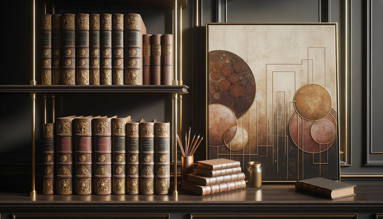 Bibliothèque élégante mêlant livres anciens reliés cuir et art contemporain minimaliste aux tons harmonisés