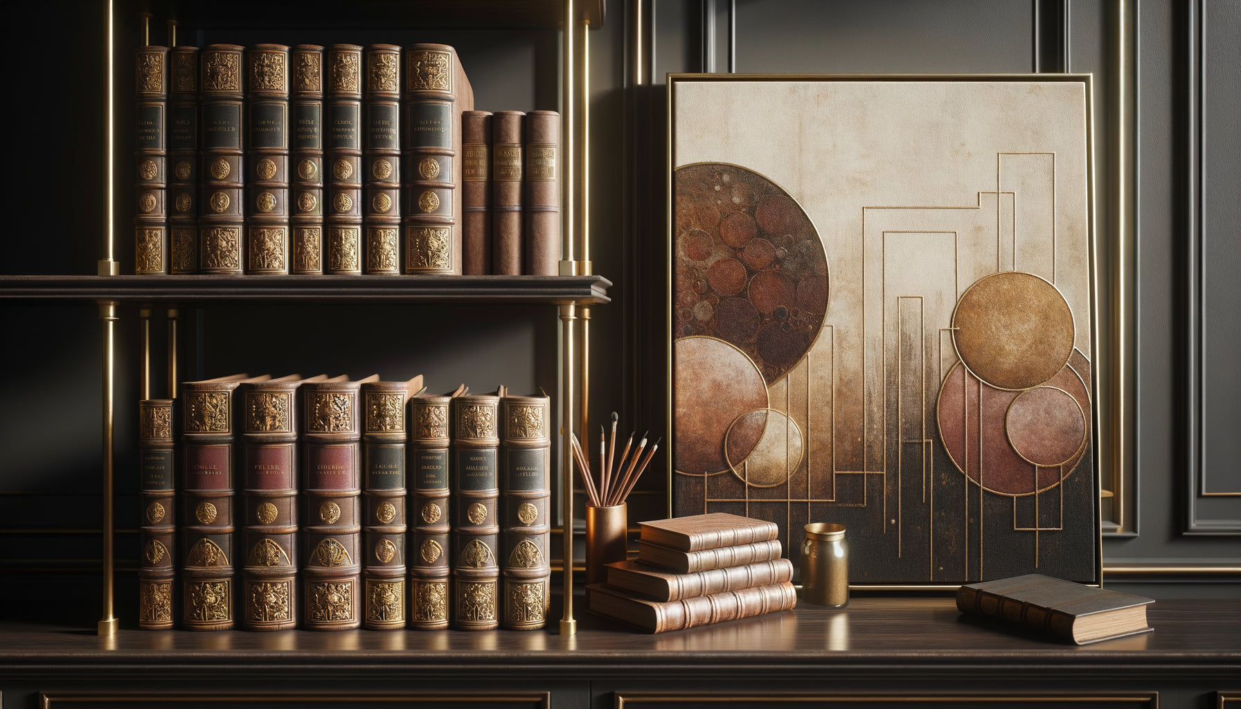 Bibliothèque élégante mêlant livres anciens reliés cuir et art contemporain minimaliste aux tons harmonisés