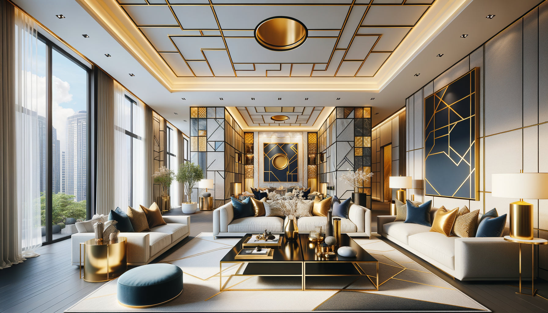 Salon de location de luxe avec grand tableau abstrait doré et mobilier design haut de gamme