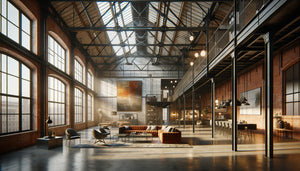 Loft industriel rénové avec murs de briques exposées, poutres métalliques, tableau vintage et œuvre contemporaine côte à côte