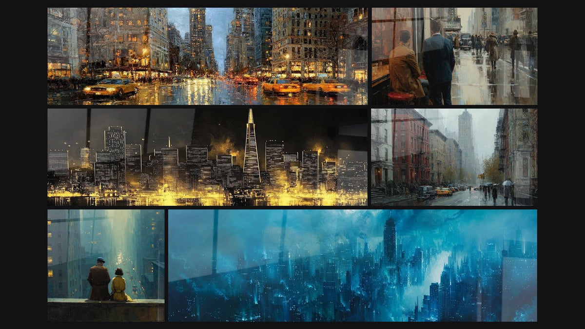 Mozaika sześciu obrazów, w tym Ulicy Manhattan w deszczu, Buildings Strażnicze Złote i Sceny ulicy miejskiej w deszczu