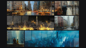 Mozaïek van zes schilderijen, waaronder Straatbeeld van Manhattan in de regen en Gouden Wachters Gebouwen