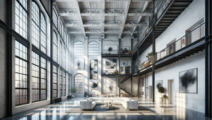 Loft new-yorkais à hauts plafonds avec tableaux verticaux XXL sublimant l'architecture industrielle pour location Airbnb