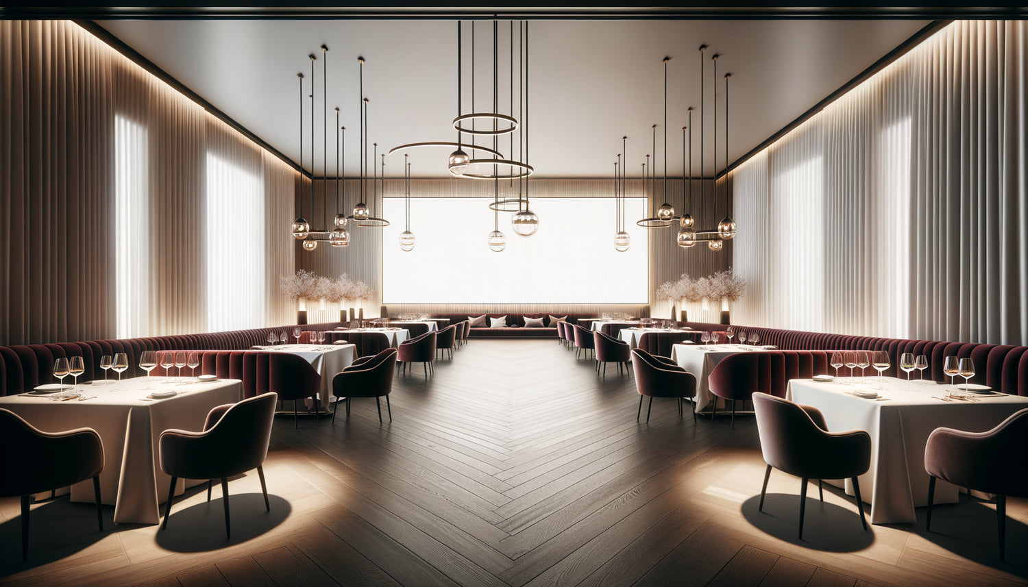 Long mur vide de restaurant moderne au-dessus de banquettes, illustrant le défi décoratif des grands espaces muraux