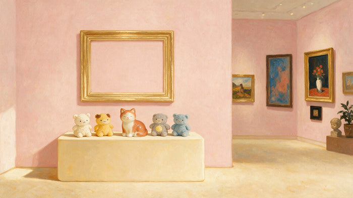 Une salle de musée aux murs rose pâle, avec de petites peluches et un chat en céramique posés sur un socle devant un cadre doré.