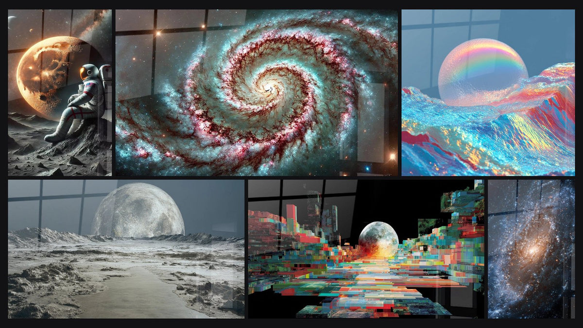Mosaico di sei quadri, tra cui Esploratore Solitario, Echi delle Stelle e Paesaggio Lunare Futurista