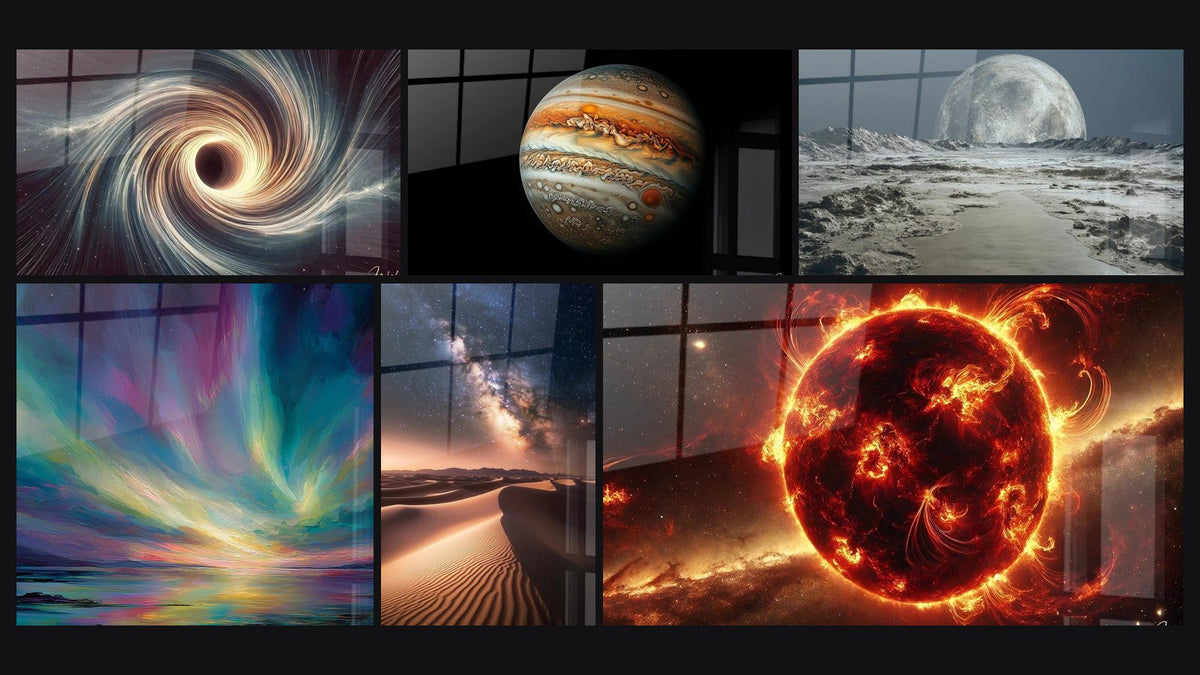 Mosaïque de six tableaux, dont Vortex Stellaire, Jupiter N°1 et Paysage marin
