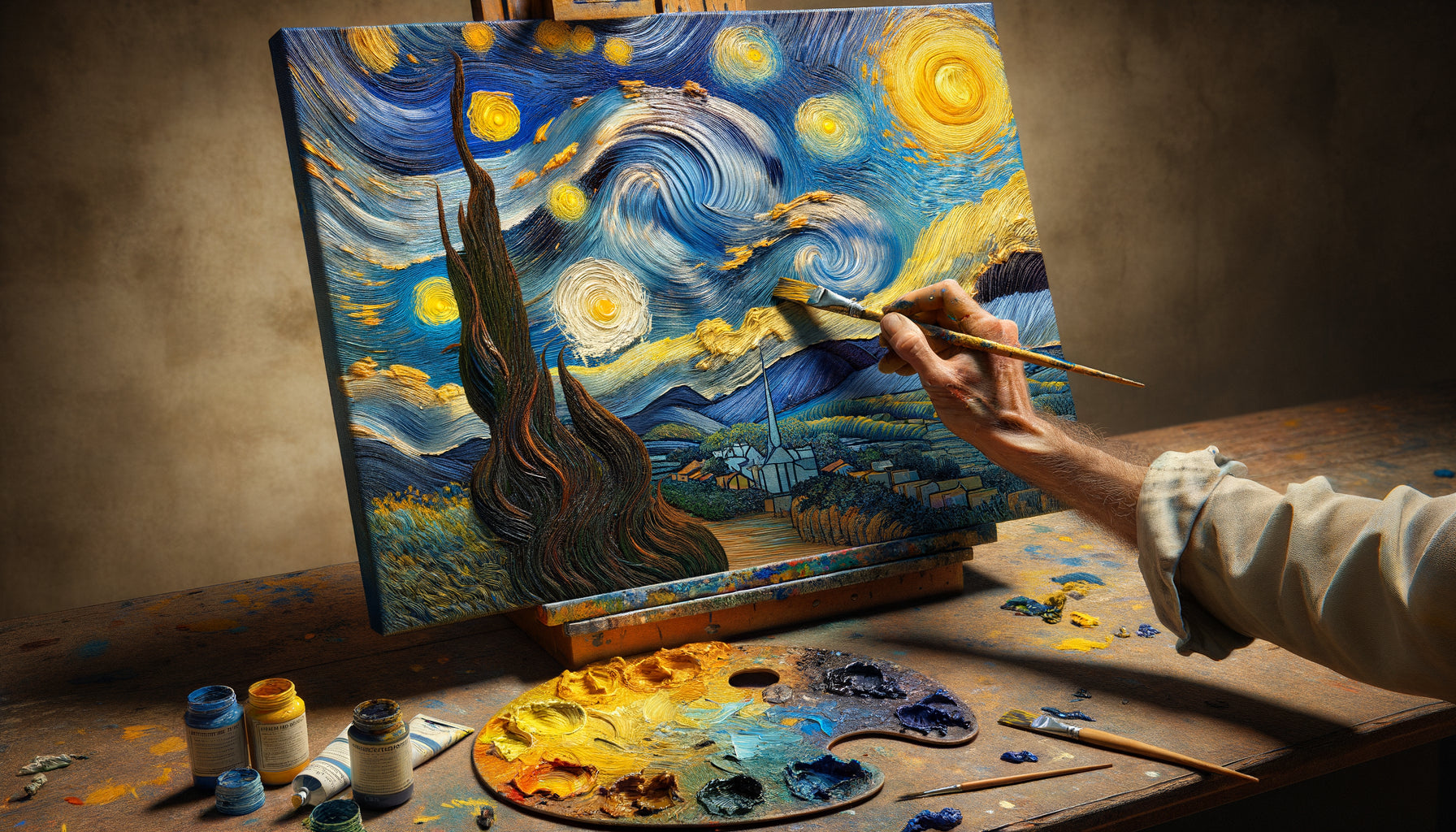 Main de peintre créant une image du film Loving Vincent à l'huile, style post-impressionniste Van Gogh avec empâtements épais