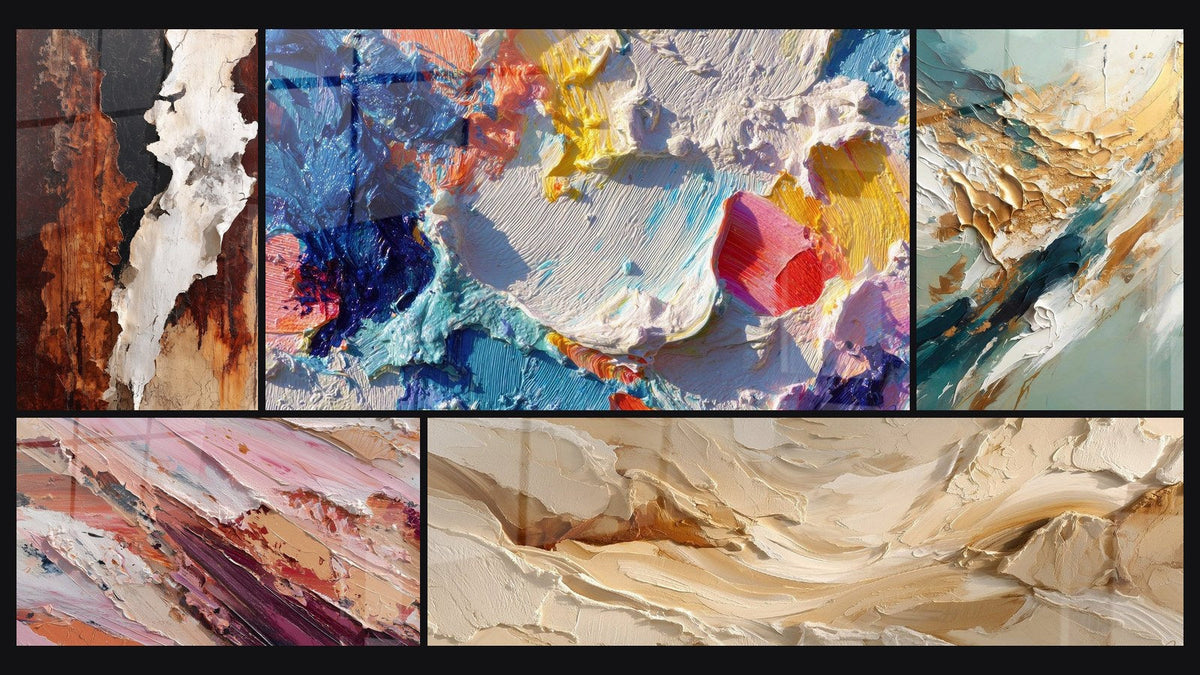 Mosaïque de cinq tableaux, dont Peinture abstraite, Abstrait aux nuances roses et terres et Flux et Reflux Doré