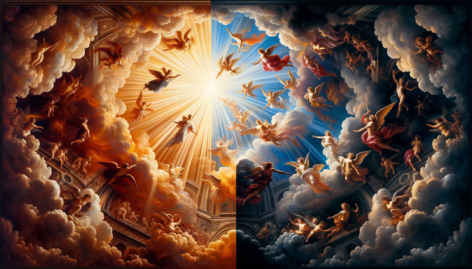 Comparaison entre lumière divine Renaissance sereine géométrique et lumière baroque dramatique théâtrale dans ciels peints