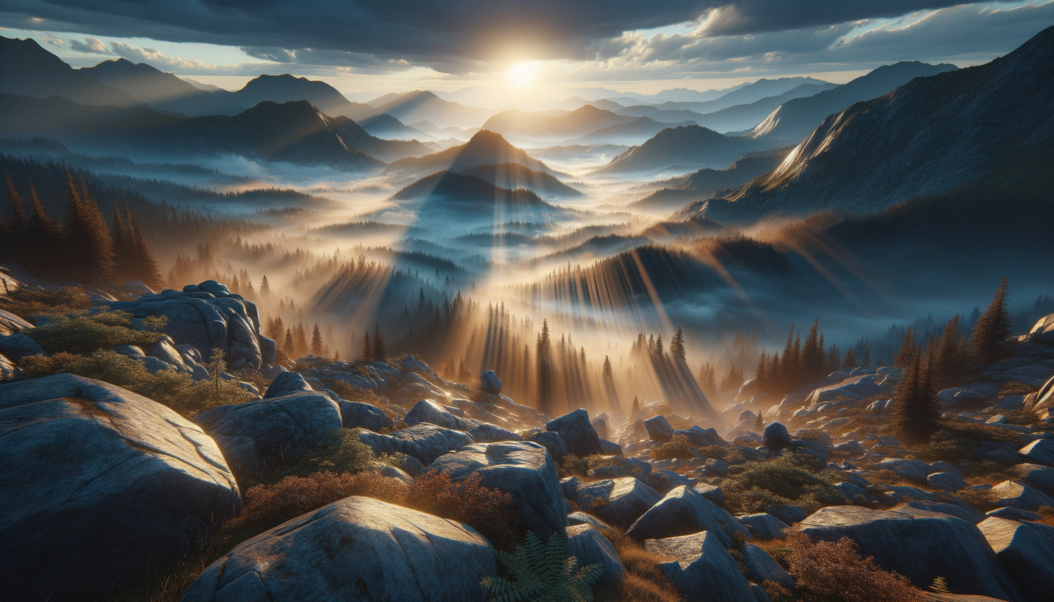 Paysage montagneux avec lumière matinale traversant la brume, démontrant les effets de perception spatiale par la lumière