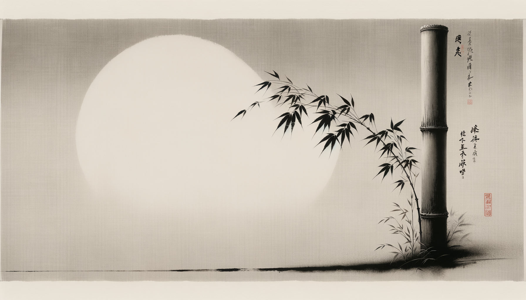 Peinture zen japonaise sumi-e démontrant le concept de ma avec vaste espace vide structurant la composition minimaliste
