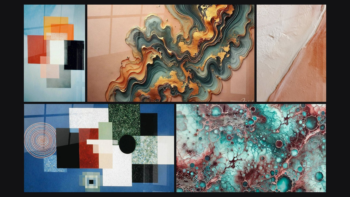 Mosaïque de cinq tableaux, dont Formes Géométriques Contraste Fonctionnel et Onde Cuivré