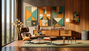 Intérieur Mid-Century Modern années 1960 avec mobilier iconique style Mad Men, fauteuil Eames et meuble teck