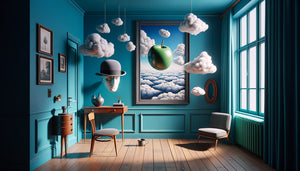 Intérieur surréaliste inspiré de Magritte avec murs bleu céruléen, nuages peints, pomme flottante et perspectives impossibles