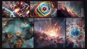 Mosaïque de six tableaux, dont Tempête Astrale, Iris de l'Univers et Nébuleuse stellaire