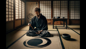 Maître zen japonais traçant un cercle Enso à l'encre sur papier de riz, technique sumi-e traditionnelle, atmosphère méditative monastique