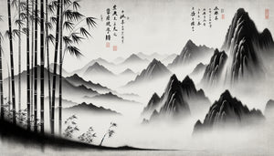 Rouleau makimono zen japonais en monochrome, peinture à l'encre noire avec vastes espaces vides et paysage minimaliste
