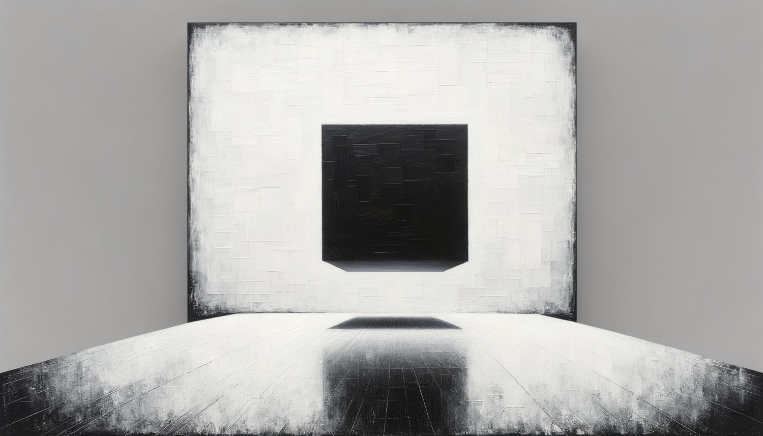 Composition suprématiste style Malevitch, carré noir géométrique flottant dans espace blanc infini, avant-garde russe 1915
