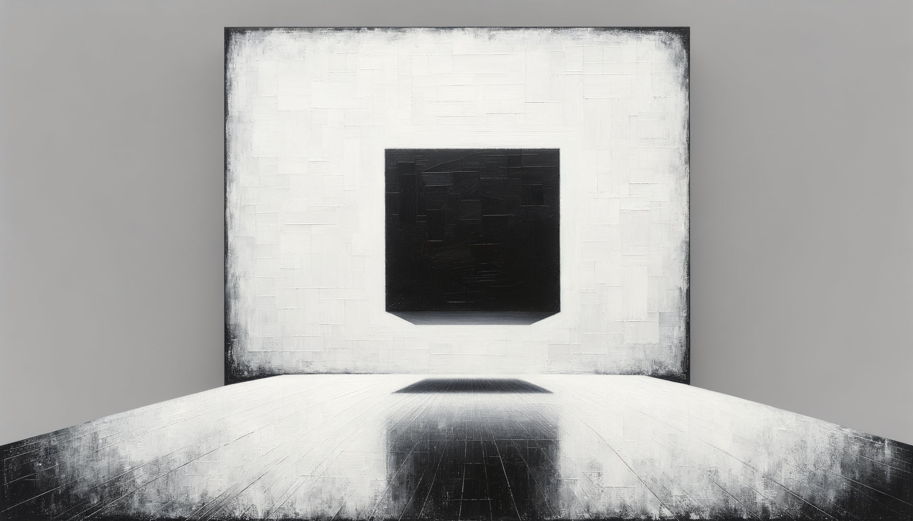 Composition suprématiste style Malevitch, carré noir géométrique flottant dans espace blanc infini, avant-garde russe 1915