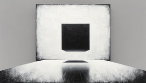 Composition suprématiste style Malevitch, carré noir géométrique flottant dans espace blanc infini, avant-garde russe 1915